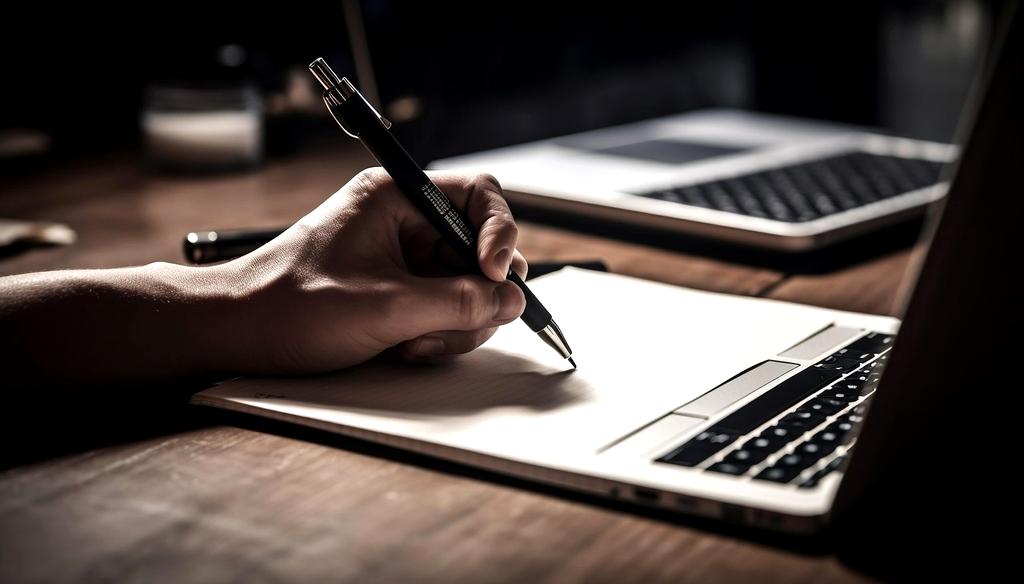 Workspace with digital notes and laptop in modern office